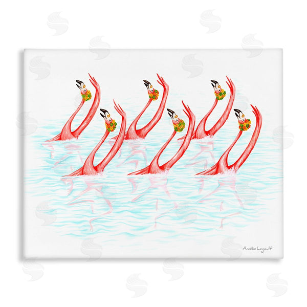 stupell industries Amelie Legault | Six Flamingoes Birds Synchronized Swimming Floral Caps Wall Art