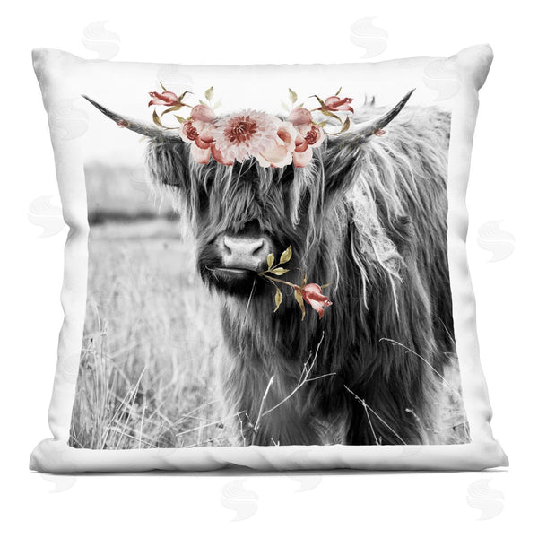stupell industries Amy Brinkman | Pink Floral Highland Cattle Printed Throw Pillow