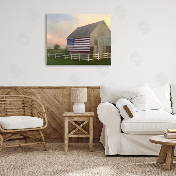 Stupell Industries Amy Hall | American Flag Rural Barn Sunset Farm Landscape Wall Art
