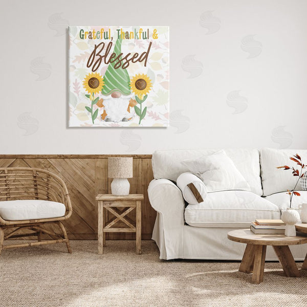 Stupell Industries Andi Metz | Grateful Sentiment Typography Garden Gnome Sunflowers Pattern Wall Art