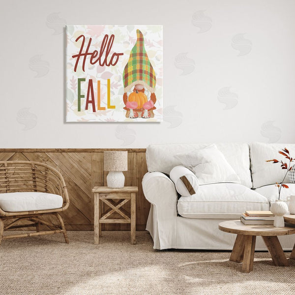 Stupell Industries Andi Metz | Hello Fall Cozy Tartan Gnome Holding Pumpkin Wall Art