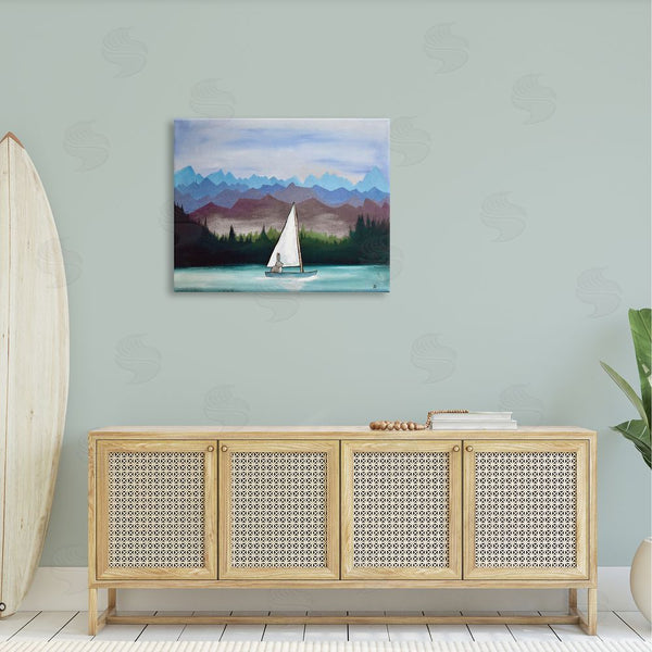 Stupell Industries Andrea Doss | Bunny Rabbit On Sailboat Vivid Distant Mountain Peaks Wall Art