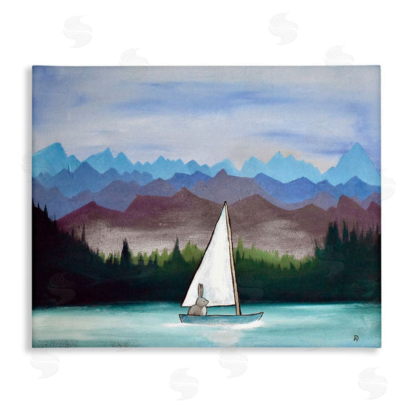 stupell industries Andrea Doss | Bunny Rabbit on Sailboat Vivid Distant Mountain Peaks Wall Art