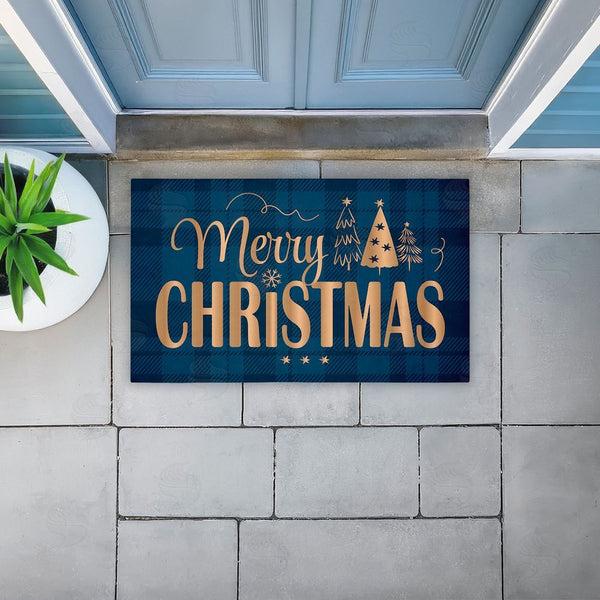 Stupell Industries Andrea Jasid Grassi | Blue Plaid Merry Christmas Non-Woven Door Mat