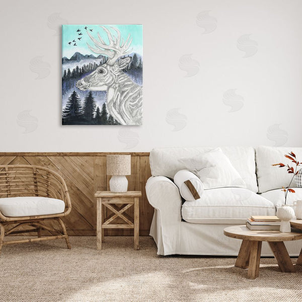Stupell Industries Andrea Kochish | Elk Pencil Pattern Portrait Blue Mountain Forest Landscape Wall Art