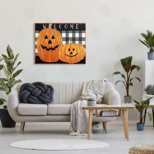 Stupell Industries Andrea Tachiera | Festive Halloween Welcome Sign Happy Pumpkins Black Plaid Wall Art