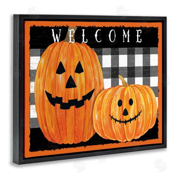 Stupell Industries Andrea Tachiera | Festive Halloween Welcome Sign Happy Pumpkins Black Plaid Wall Art