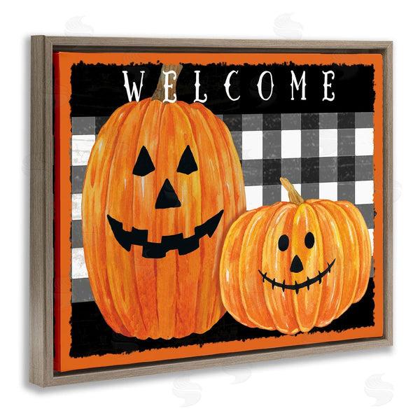Stupell Industries Andrea Tachiera | Festive Halloween Welcome Sign Happy Pumpkins Black Plaid Wall Art