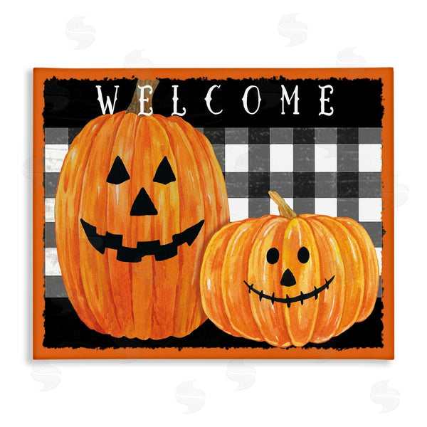 stupell industries Andrea Tachiera | Festive Halloween Welcome Sign Happy Pumpkins Black Plaid Wall Art
