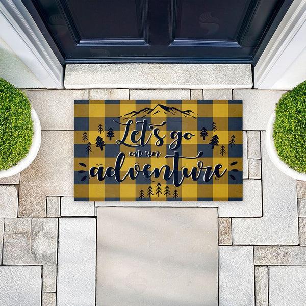 Stupell Industries Angela Nickeas | Let's Go Adventure Yellow Plaid Non-Woven Door Mat