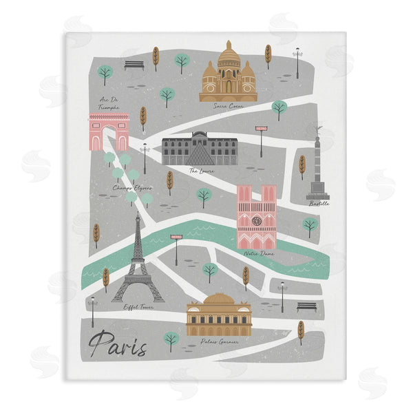stupell industries Angela Nickeas | Paris Landmark Map French City Illustration Pink Grey Wall Art