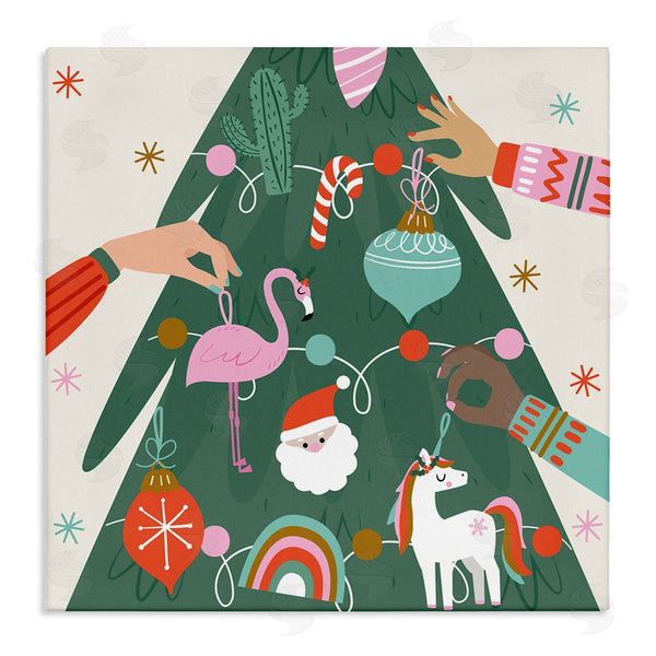 stupell industries Angela Nickeas | People Decorating Christmas Fir Tree Cheerful Ornaments Wall Art