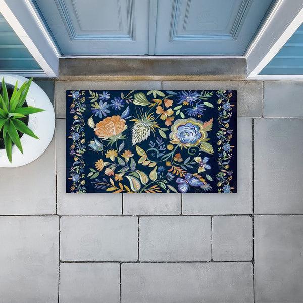 Stupell Industries Ani Del Sol | Painted Blue Floral On Black Non-Woven Door Mat