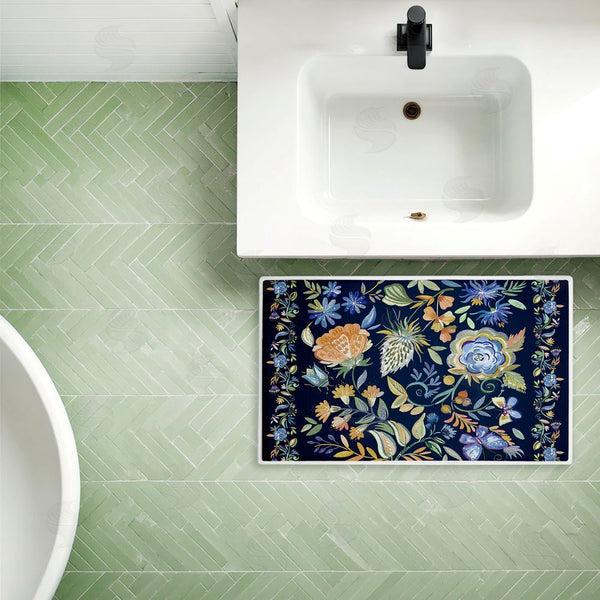 Stupell Industries Ani Del Sol | Painted Blue Floral On Black Plush Bath Mat