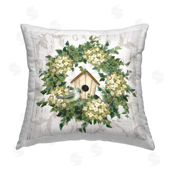 Stupell Industries Annie LaPoint | Spring Birdhouse Wreath Printed Throw Pillow