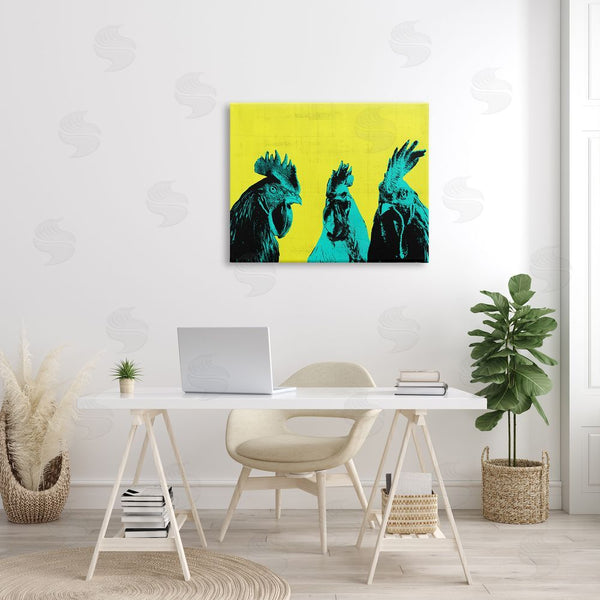 Stupell Industries Annie Warren | Bold Pop Farm Roosters Yellow Blue Abstract Birds Wall Art