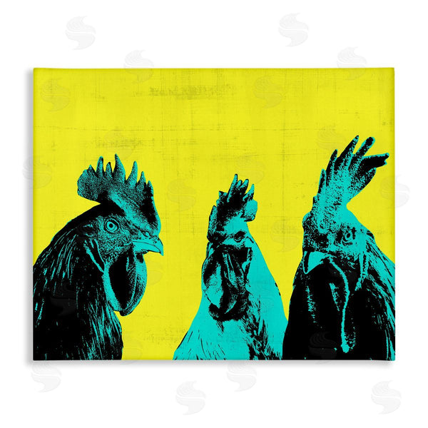 stupell industries Annie Warren | Bold Pop Farm Roosters Yellow Blue Abstract Birds Wall Art