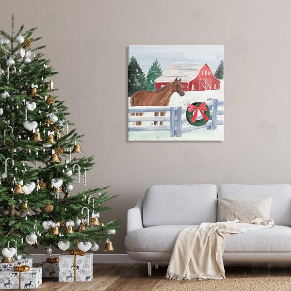 Stupell Industries Annie Warren | Charming Red Snowy Barn Horse Standing Winter Scene Wall Art