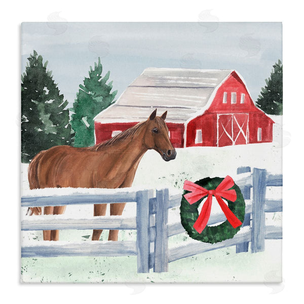 stupell industries Annie Warren | Charming Red Snowy Barn Horse Standing Winter Scene Wall Art