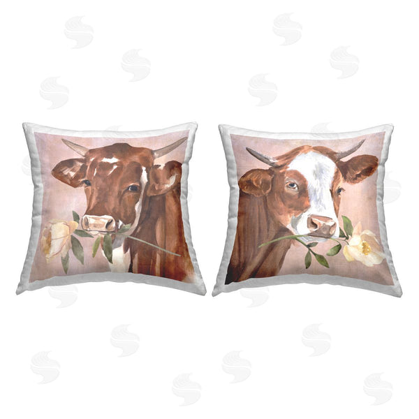 stupell industries Annie Warren | Cow Holding Rose Portrait Printed Throw Pillow Set