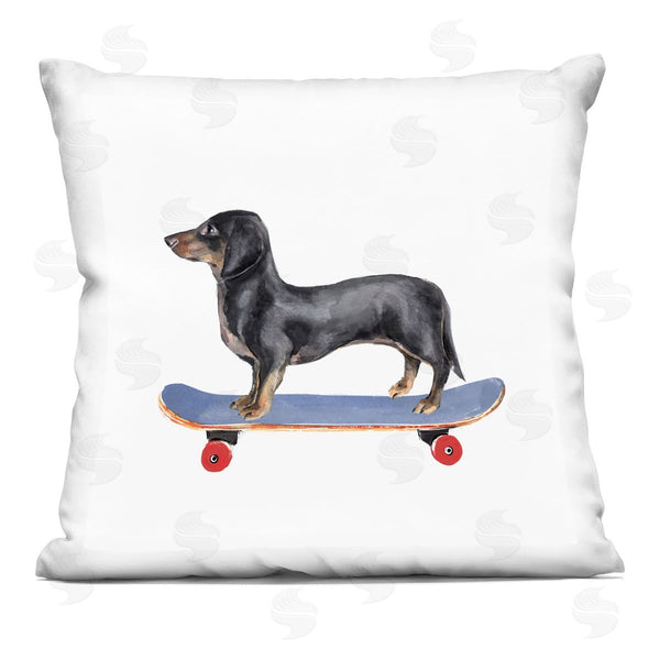 stupell industries Annie Warren | Dachshund Pet Dog on Blue Skateboard Printed Throw Pillow