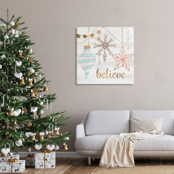 Stupell Industries Annie Warren | Glimmering Believe Text Holiday Ornaments Star Snowflake Wall Art