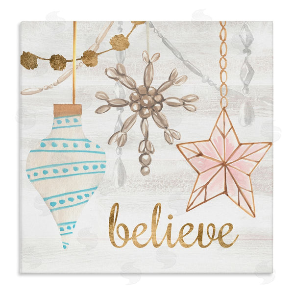 stupell industries Annie Warren | Glimmering Believe Text Holiday Ornaments Star Snowflake Wall Art