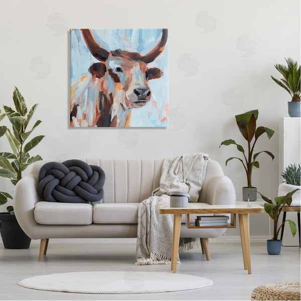 Stupell Industries Annie Warren | Modern Cattle Cow Painterly Brushstrokes Blue Background Wall Art