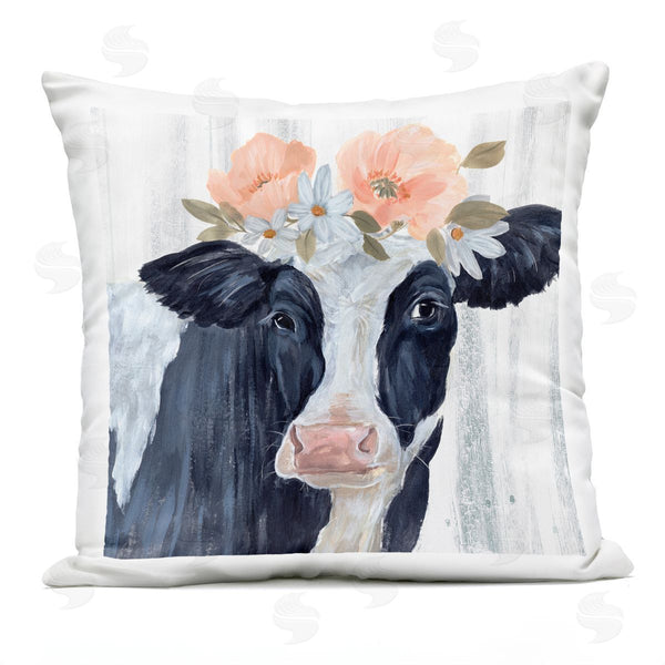 Stupell Industries Annie Warren | Pink Floral Farm Cow Portrait Printed Throw Pillow