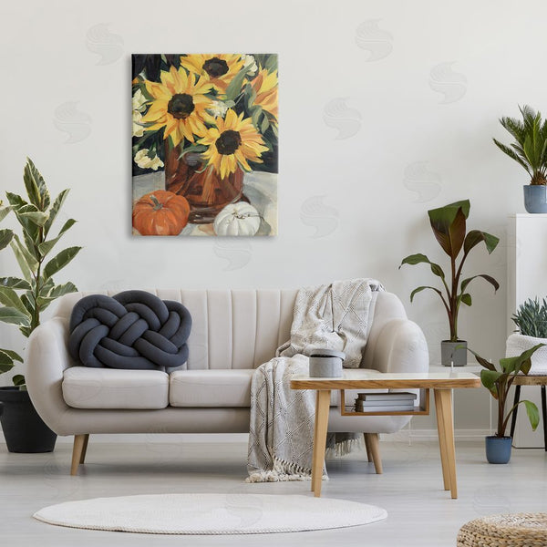 Stupell Industries Annie Warren | Quaint Rustic Sunflower Vase Autumn Pumpkin Still-Life Wall Art