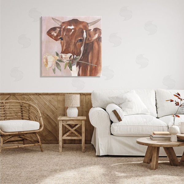 Stupell Industries Annie Warren | Romantic Bull Cattle White Rose Over Pink Wall Art