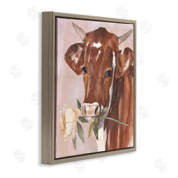 Stupell Industries Annie Warren | Romantic Bull Cattle White Rose Over Pink Wall Art
