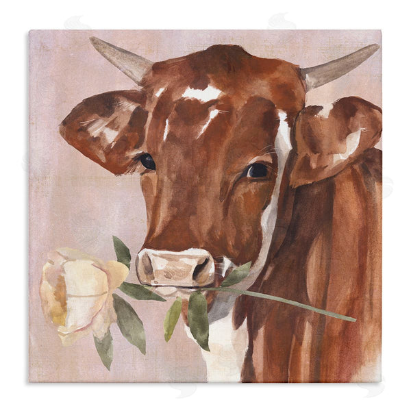 stupell industries Annie Warren | Romantic Bull Cattle White Rose over Pink Wall Art