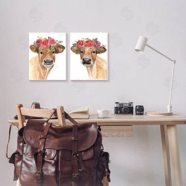 Stupell Industries Annie Warren | Rose Flower Crown Cow Portrait Floral Farm Wall Art