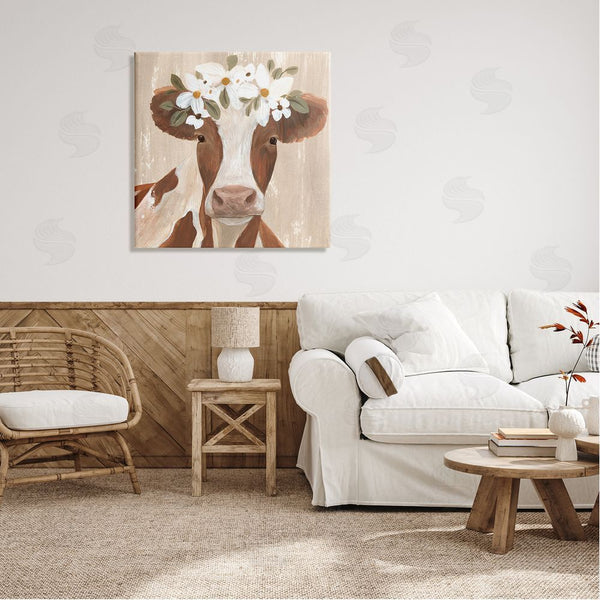 Stupell Industries Annie Warren | Rustic Cow Portrait Flower Blossoms Wall Art