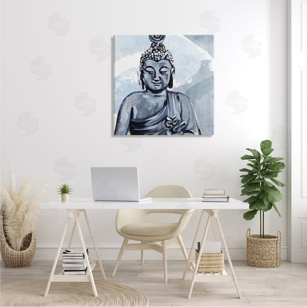 Stupell Industries Annie Warren | Tranquil Smile Buddha Portrait Soft Blue Abstract Pattern Wall Art