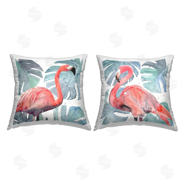 Stupell Industries Annie Warren | Tropical Pink Flamingo Green Monstera Leaves Printed Throw Pillow Set