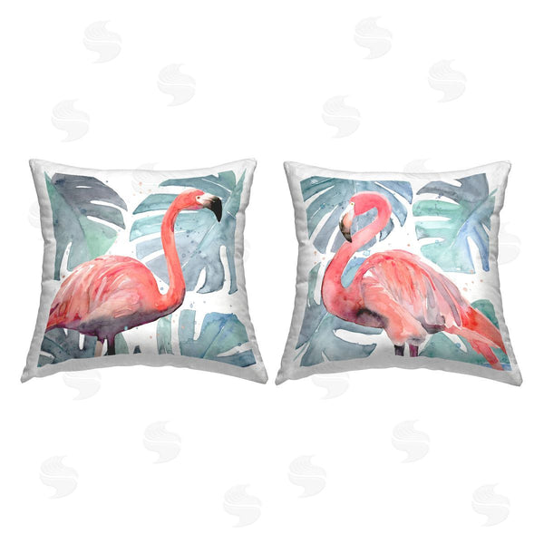 stupell industries Annie Warren | Tropical Pink Flamingo Green Monstera Leaves Printed Throw Pillow Set