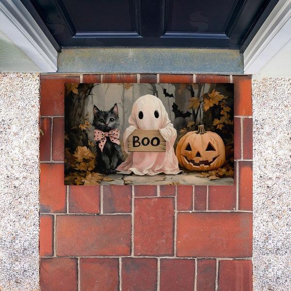 Stupell Industries Arlington Prints | Cute Halloween Ghost & Kitten Non-Woven Door Mat
