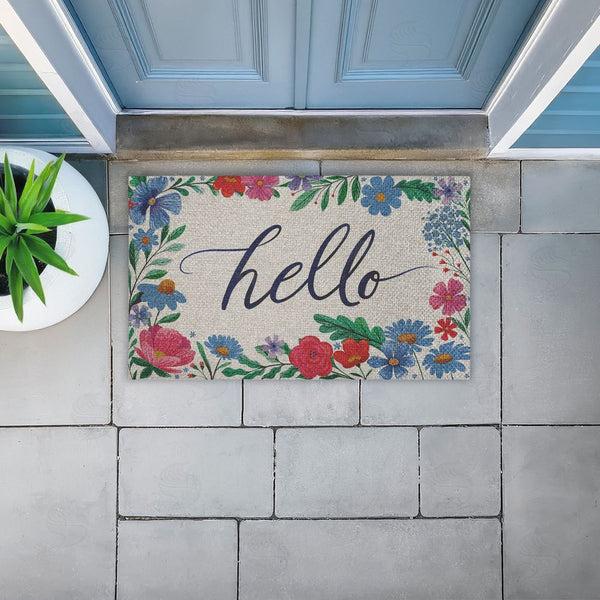 Stupell Industries Arrolynn Weiderhold | Hello Cursive & Floral Border Faux Sisal Door Mat