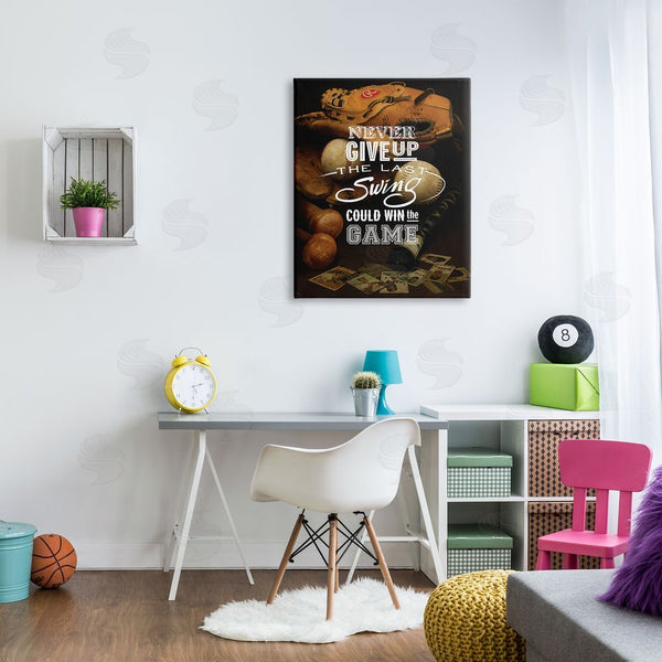 Stupell Industries Art Licensing Studio | Never Give Up Phrase Baseball Cards Glove Bat Wall Art