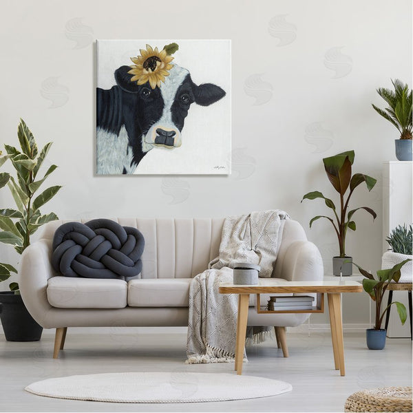 Stupell Industries Ashley Justice | Cow Portrait Sunflower Blossom Farmhouse Wall Art