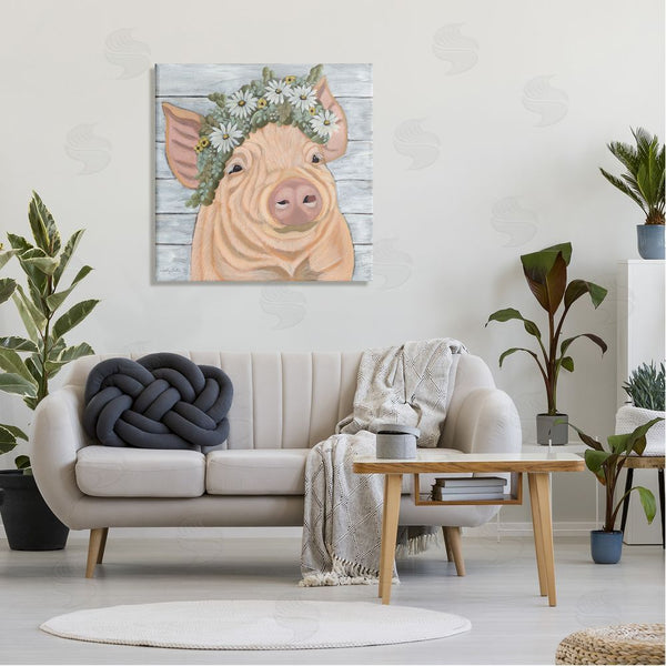 Stupell Industries Ashley Justice | Happy Pig Daisy Blossom Crown Wall Art
