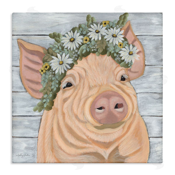 stupell industries Ashley Justice | Happy Pig Daisy Blossom Crown Wall Art