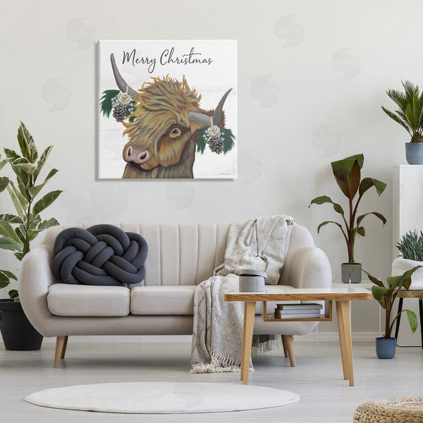 Stupell Industries Ashley Justice | Merry Christmas Country Longhorn Cattle Cow Pinecones Wall Art
