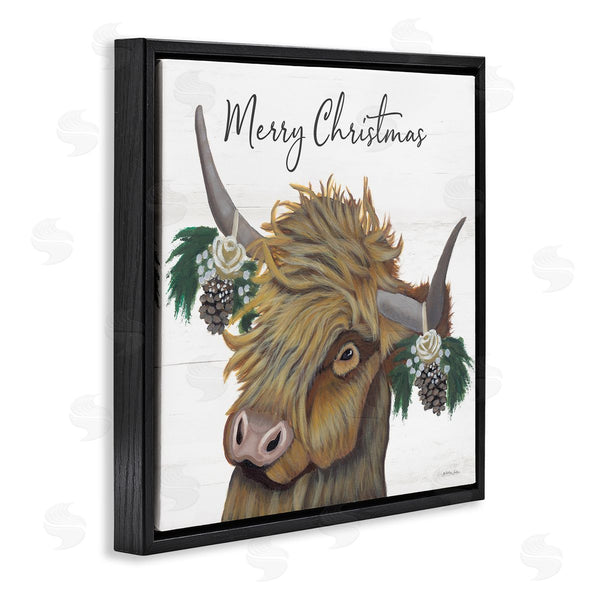 Stupell Industries Ashley Justice | Merry Christmas Country Longhorn Cattle Cow Pinecones Wall Art