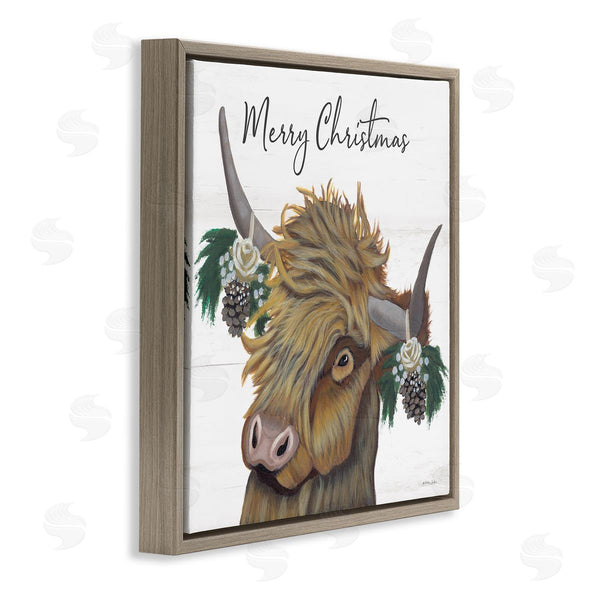 Stupell Industries Ashley Justice | Merry Christmas Country Longhorn Cattle Cow Pinecones Wall Art