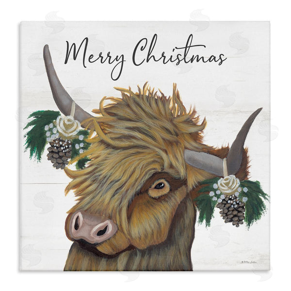 stupell industries Ashley Justice | Merry Christmas Country Longhorn Cattle Cow Pinecones Wall Art