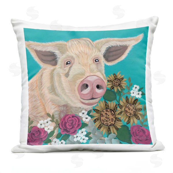 Stupell Industries Ashley Justice | Pig Portrait With Purple Flowers Printed Throw Pillow