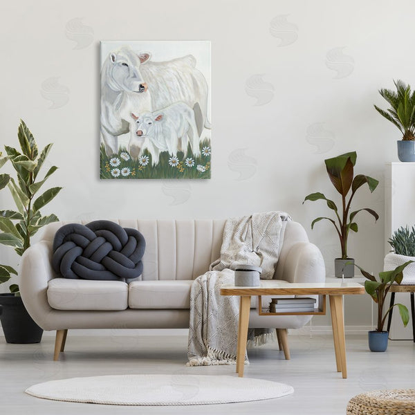 Stupell Industries Ashley Justice | White Cattle Family Mother Baby Calf Daisy Meadow Wall Art